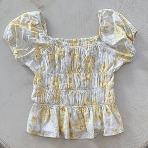 Monteau Smocked Square-Neck Linen Blend Boho Chic Top in Yellow Floral Large